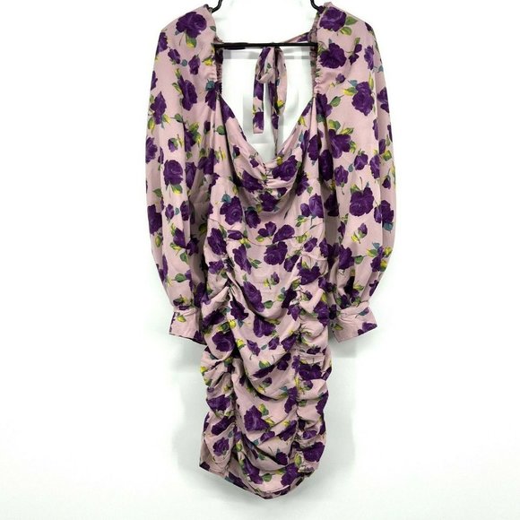 Nasty Gal Dress Purple Floral Print Balloon Sleeve Ruched Mini NWT - Picture 3 of 12